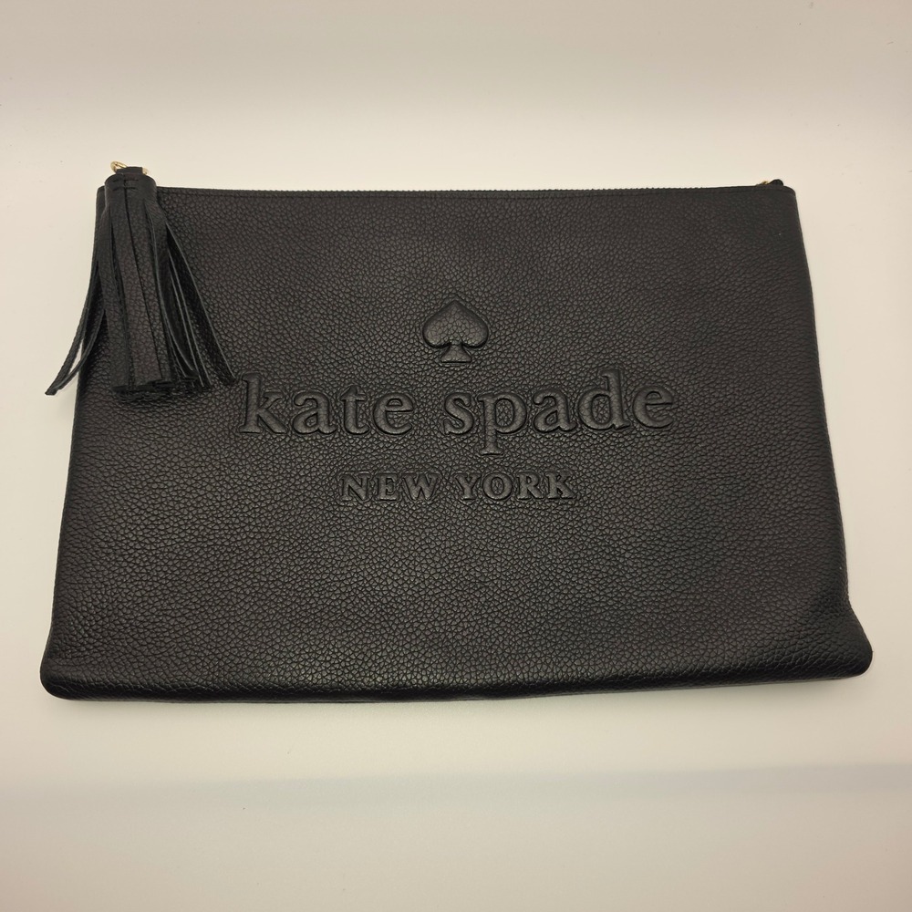 Kate Spade New York Black Pebbled Leather Embossed Logo Tassel‎ Clutch Pouch